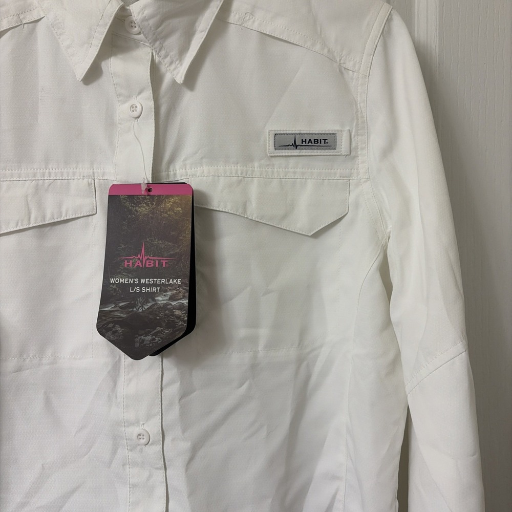 Habit Shirt Womens Medium White Collared Long Sleeve Button Up UV Fishing Top - Picture 2 of 4